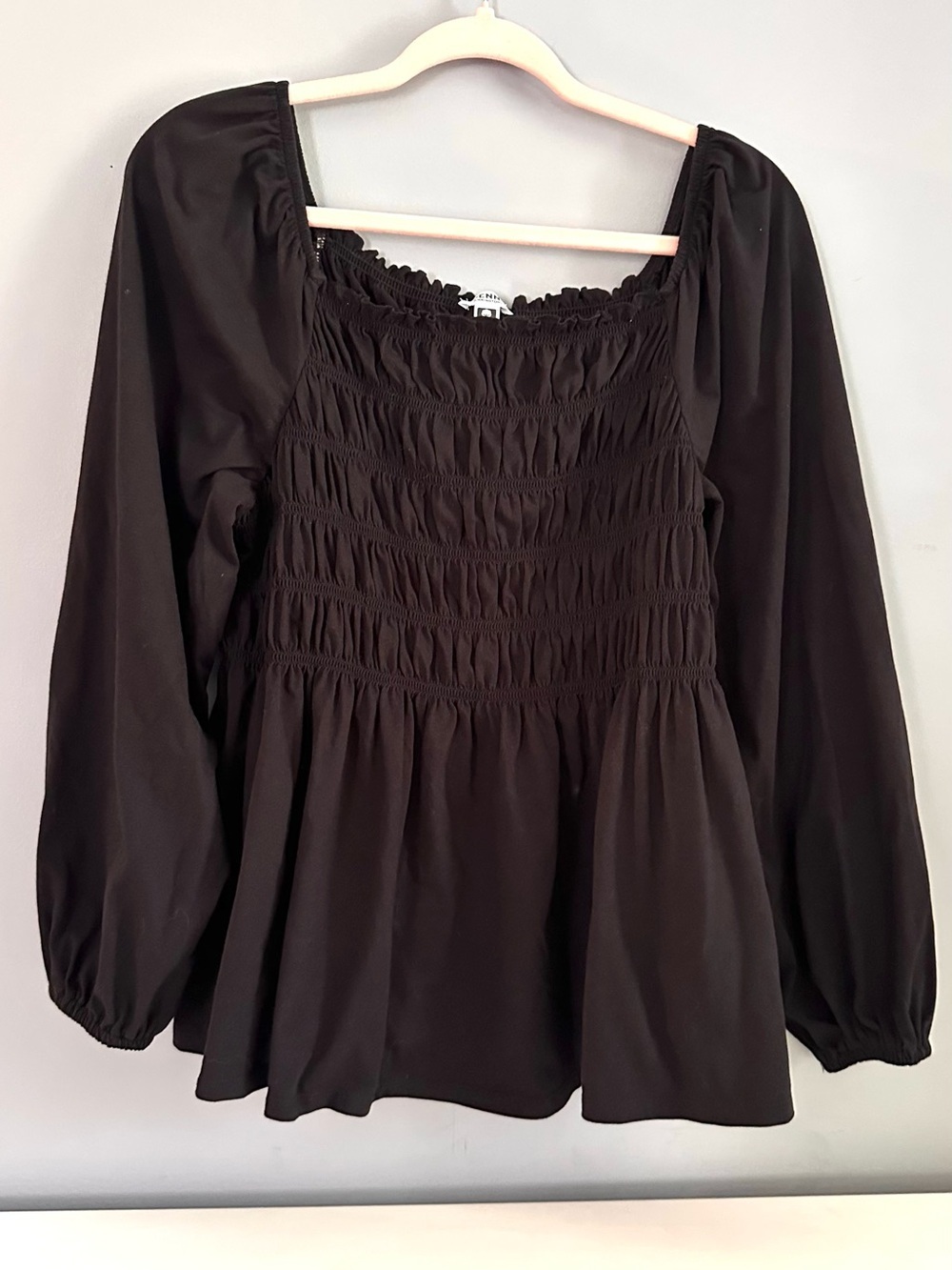 PENN - Women’s Black Top, Smocked Bodice, Elastic Cuffs, Peplum Blouse, Size 1X